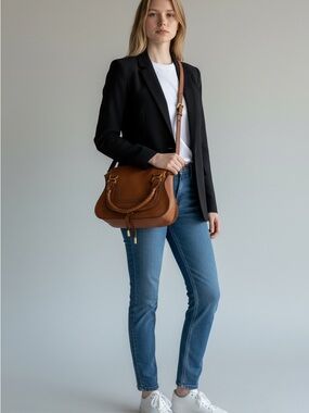 Chloé Marcie Medium Satchel Tan Brown Leather Crossbody Gold Hardware Dust Bag